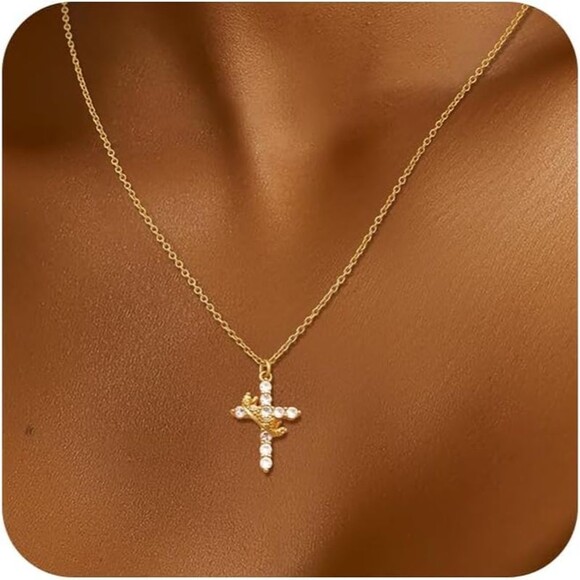 Cross Crown Necklace CZ 14K Gold Plated Trendy Cross Crown Pendant Birthday Gift - Picture 1 of 8